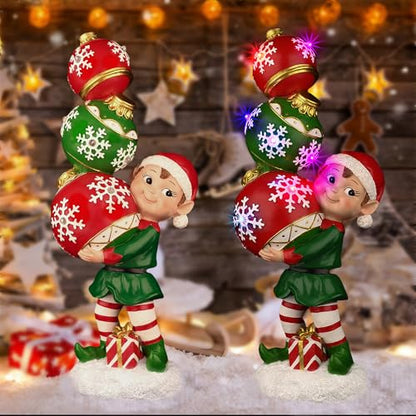 YUETJIN 12" Christmas Elf Figurine with Color-Changing Stacked Ornaments