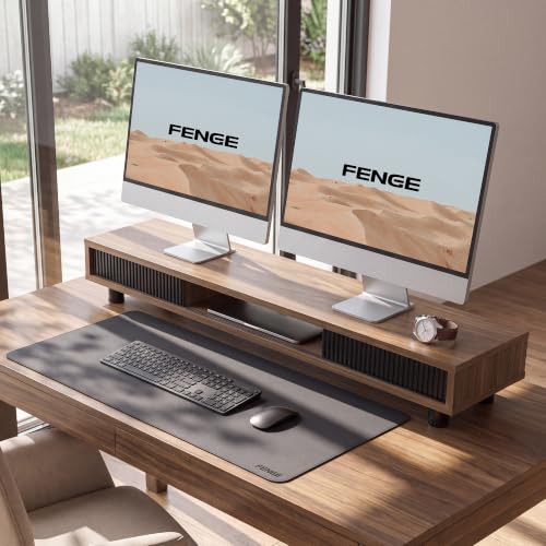 Fenge Dual Monitor Stand with Storage, Desk Shelf with Glass Sliding Door - color: Brown