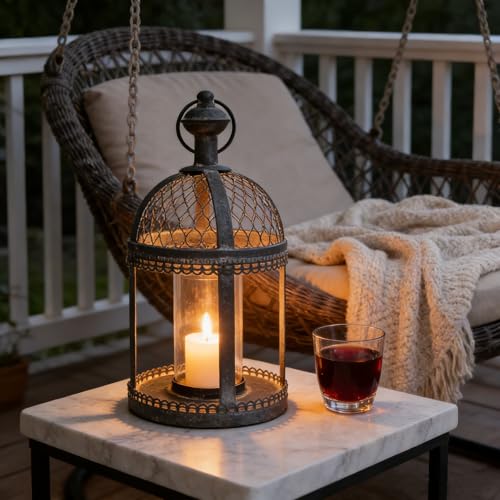 Vintage Distressed Black Metal Lantern, 12.99" H Decorative Candle Lantern with Chicken Wire Design, Farmhouse Candle Holder for Indoor Outdoor Wedding, Patio, Tabletop Decor - color: Black With Chicken Wire