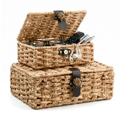 Storage Boxes with Lids, Set of 2 Water Hyacinth Wicker Baskets, Decorative Boxes for Home Decor, Coffee Table, Console Table and Bedroom, Magnetic Closures, Natural