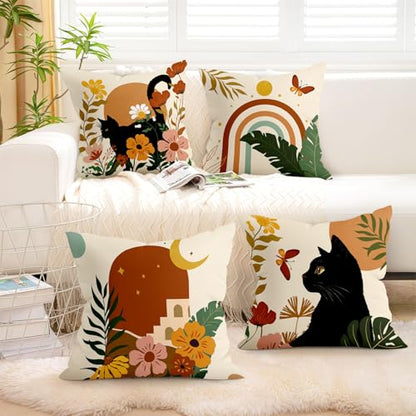 16x16 Set of 4 Tropical Flower Cat Throw Pillow Cushion Covers - size: 16" x 16" (Pack of 4)