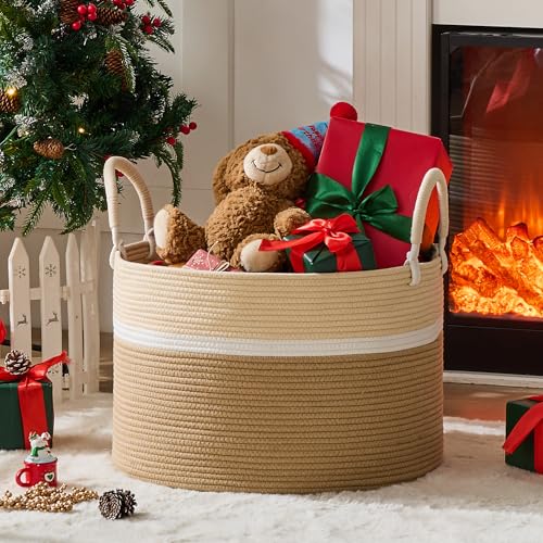 KAKAMAY Large Blanket Basket with Handles, Storage Basket for Living Room - color: White and Brown