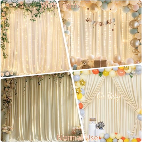 10 x 10 Champagne Backdrop Curtains with Lights String for Party - color: Champagne, size: W5' x H10'(2 panels)