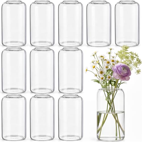 12pcs Bulk Glass Bud Vases for Centerpieces 5 Inch Clear Cylinder Vases Small Flower Vase for Wedding Party Event Table Decor Home Floral Arrangement