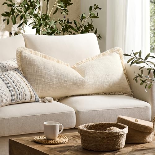 100% Cotton 14x36 Inch Lumbar Pillow Cover with Fringe 1 Pack, Beige - color: A-beige, size: 36" x 14" (Pack of 1)