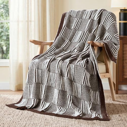 Amélie Home Checkered Knit Throw Blanket for Bed, Mocha Brown 60"x80" - color: Checkered Mocha Brown, size: 60" X 80"