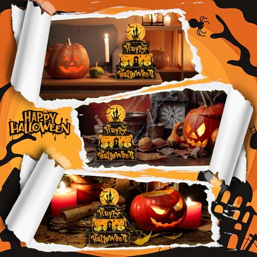 Britimes Halloween Rustic Tiered Tray Decor Set, 4 Pack, Wooden Table Sign - style: Haunted House
