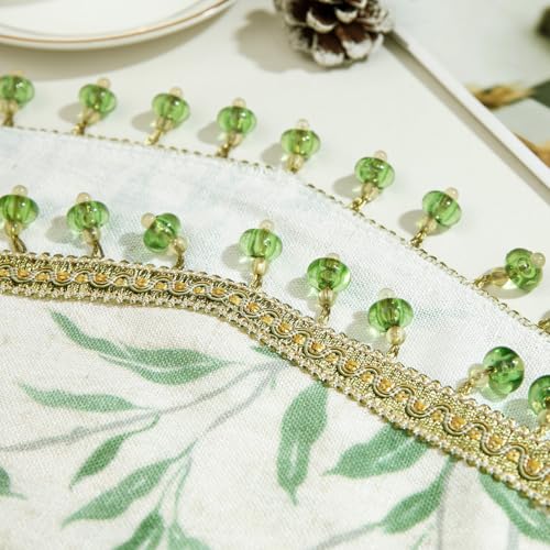 VOGOL Leaf Print Scalloped Window Valance, Beaded Trim, Green, 52 x 16 - color: Green, size: 52"W x 16"L (Pack of 1)