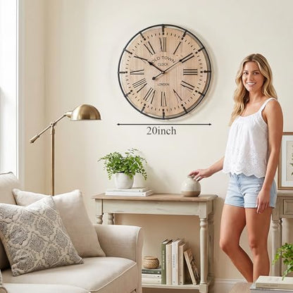 EMAX HOME 20 Inch Large Farmhouse Wall Clock, Light Wood Grain Face with Black Metal Frame, Silent Non-Ticking Quartz Movement, Easy-to-Read Roman Numerals, for Living Room, Bedroom, Kitchen. - color: Brown, size: 20 Inch Black numerals