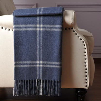 CUDDLE DREAMS Premium Cashmere Throw Blanket with Fringe (Plaid Blue) - color: Plaid Blue