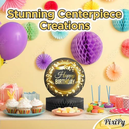 Happy Birthday Table Decoration Centerpieces - (4 Pack, Black & Rose Gold), Double-Sided Happy Birthday Centerpieces for Tables - Party Supplies for Elegant Birthday Decorations by PixiPy - style: Black & Gold (Pack of 4)