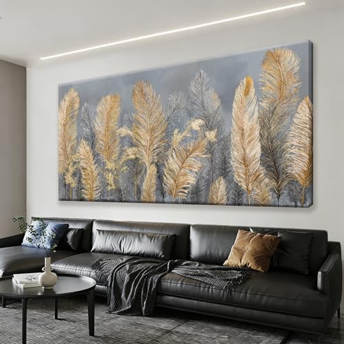 Dimpaga Oversized Wall Art Decor Gold Boho Canvas Art Wall Decor For Living Room Grey Boho Aesthetic Feather Wall Art Decor Artwork Modern Decor Artwork For Home Bedroom Office Wall Decor 29×58 Inch - color: D-01P, size: 58"L x 29"W