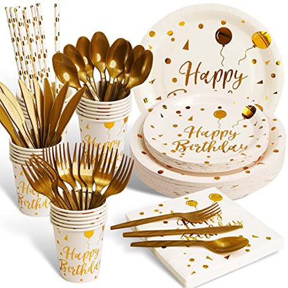200 pieces of white and gold birthday party supplies, disposable happy birthday tableware set, gold plastic knives, forks, spoons, straws. Birthday themed tray, cup,25Guests（white） - color: White