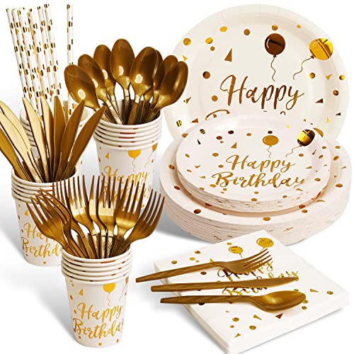 200 pieces of white and gold birthday party supplies, disposable happy birthday tableware set, gold plastic knives, forks, spoons, straws. Birthday themed tray, cup,25Guests（white） - color: White