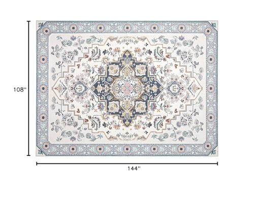 Phantoscope Washable Area Rug 9'x12' Non-Slip, Vintage Boho Rugs for Living Room, Bedroom, Dining Room, Persian Floral Medallion Pattern, Low-Pile Foldable Floor Carpet, Ivory Blue/Garden Bloom - color: Ivory Blue/Garden Bloom, size: 9' x 12' (Rectangular