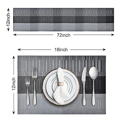 Aofmee Table Runner and Placemats Set of 6 Washable, Heat Resistant Place Mats with Table Runner, Woven Vinyl Table Placemats for Dining Table, Stain Resistant Kitchen Table Mats Sets, Easy to Clean - color: Black, size: Set of 7