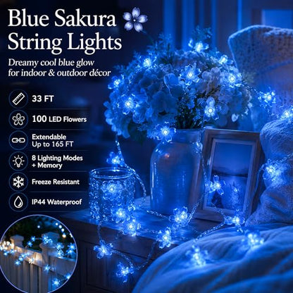 Connectable 33ft 100 LED Plug in Blue Flower Fairy Lights String Decor - color: Blue