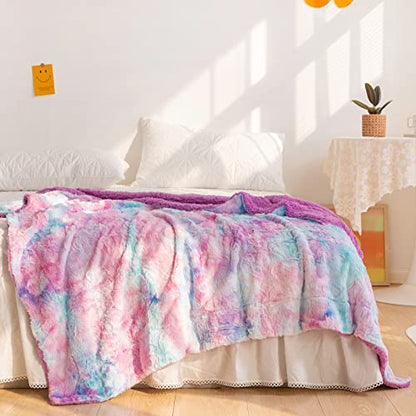 NEWCOSPLAY Faux Fur Sherpa Throw Blanket for Couch, Purple Rainbow, 50"x60" - color: Purple Rainbow, size: Throw(50"x60")
