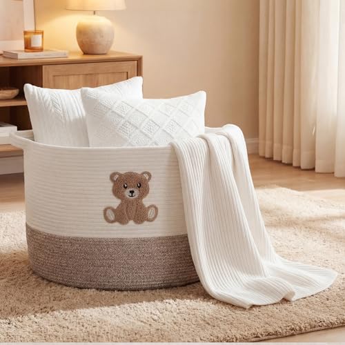 LemonRoad Large Woven Bear Basket, Cotton Rope, Cute Bear, Brown - color: Brown, size: Cotton Rope, style: Cute Bear