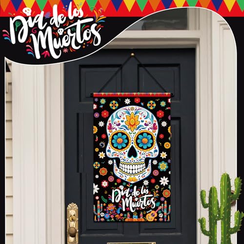 Tegeme 3 Pcs Day of the Dead Door Flag Dia De Los Muertos Front Door Decor - style: Day of the Dead