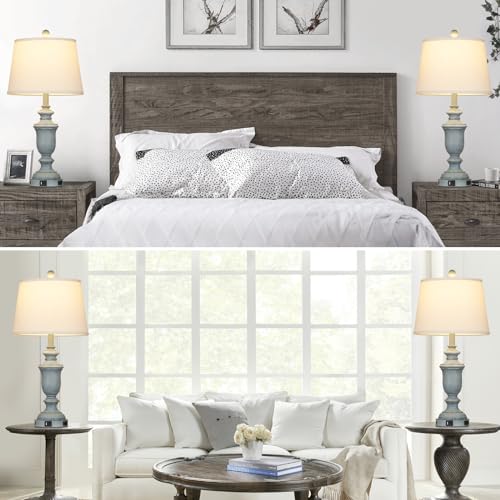 Cinkeda 25.6" Blue Table Lamps Set of 2 with USB C+A Ports & AC Outlet for Coastal Living Room Bedroom,3-Way Dimmable Farmhouse Touch Lamp Bedside Lamps for Nightstand,Retro Blue - color: Coastal