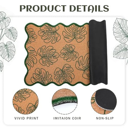 Dunzy Monstera Leaf Doormat Outdoor Green Scalloped Faux Coir Welcome Mat - style: Monstera