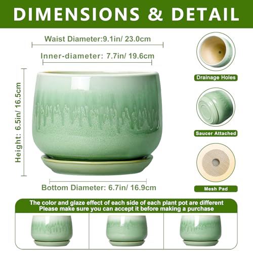 9 Inch Plant Pot - Ceramic Planter with Drainage Hole and Saucer, Decorative Ceramic Pots for Indoor Plants, Round Durable Flower Pot, Office House Patio Decor, Gifts for Plant Lovers, Green - size: 9 Inch, style: Green