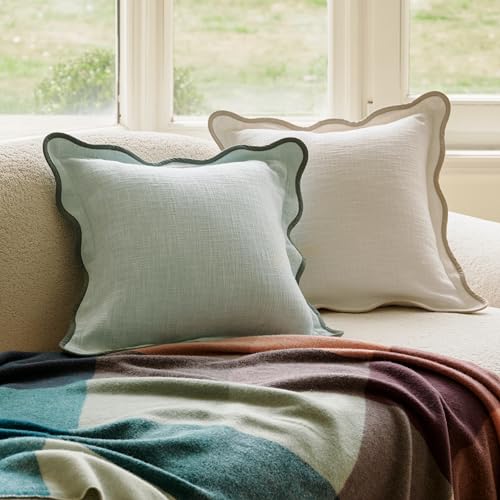 Double Stitch 100% Cotton Scalloped Throw Pillow Covers, Aqua Mint - color: Aqua Mint, size: 20" x 20" (Pack of 2)