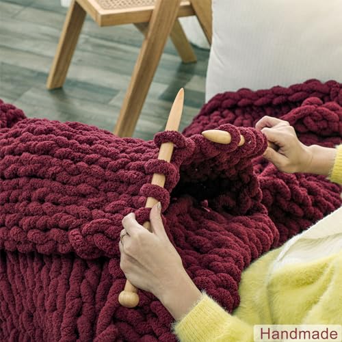 WESHIONGOO Chunky Knit Blanket Throw for Couch Bed 40"×40" Burgundy Red - color: Burgundy Red, size: 40"x40"(Small Size Throw)