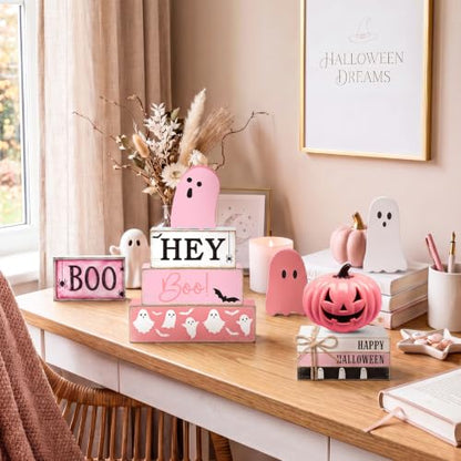 11 Pcs Halloween Table Decoration Pink Ghost Wooden Tiered Tray Decor Halloween Table Centerpiece Wooden Signs for Spooky Season Ghost Party Haunted Home Kitchen Shelf - style: Pink Ghost