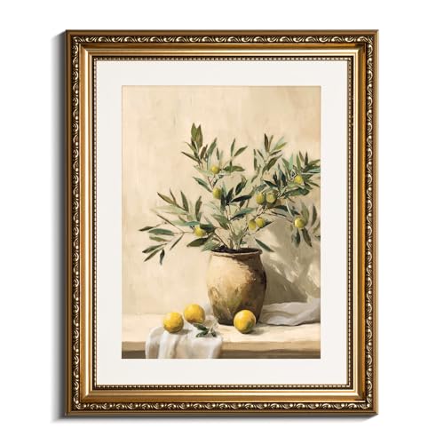 VIYYIEA Gold Framed Olive Branch Canvas Wall Art Mediterranean, 13×16 Inch - color: Olive Branch Still Life, size: 16"L x 13"W