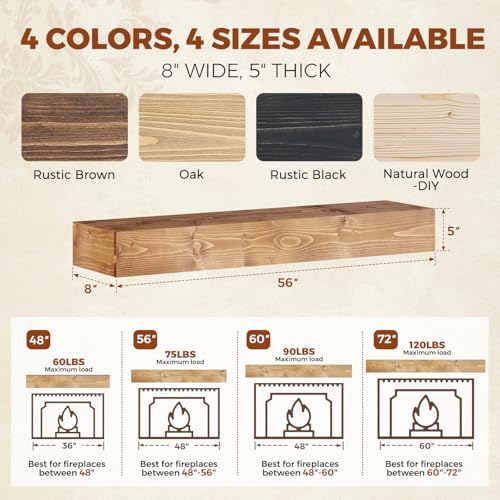 56x8x5in Pine Wood Fireplace Mantel Shelf, Natural Wood - color: Natural Wood, size: 56x5x8-hollow