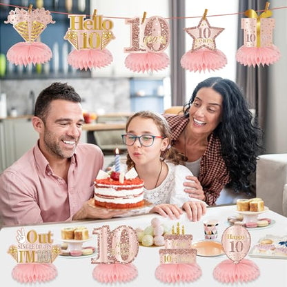 Turypaty Happy 10th Birthday Honeycomb Table Centerpieces Decorations Girls - style: Pink Rose Gold 10th