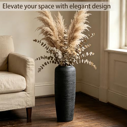 Black Rustic Ceramic Floor Vase, 19.7 Inch, Ribbed Texture - size: 19.7 Inch