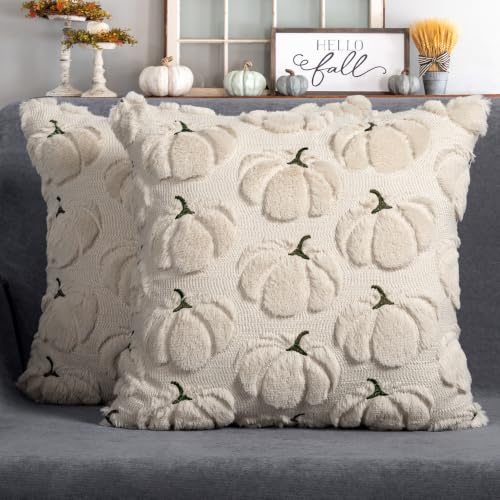 Fall Pillow Covers 16x16 Set of 2 Beige Pumpkin Decorations for Home - color: Beige, size: 16" x 16" (Pack of 2)