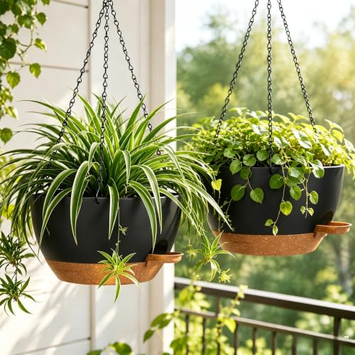12" Self Watering Hanging Planters with Chains, Black Brown，2 Pack - color: Black Brown, size: 2 pack 12 inches