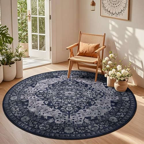nesrt Boho Vintage Round Rugs 6ft for Living Room, Non-Slip Washable Circle Bedroom Rug, Soft Faux Wool Thin Printed Kids Nursery Floor Carpets for Dining Room Entryway Home Office Decor (Blue) - color: Blue, size: 6' (Round)