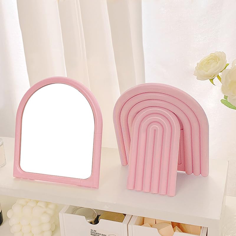 Desk Makeup Mirror,Small Cute Vanity Mirror for Office Cubicle Table,Pink - color: Pink