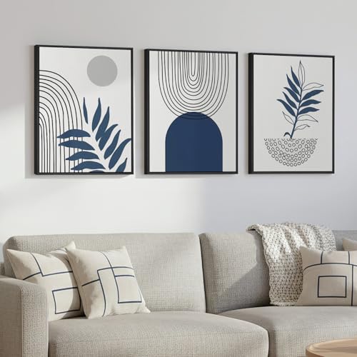 Framed Blue Mid Century Boho Botanical Canvas Wall Art Bedroom, 12x16 Inch | Navy bohemian botanical, 3 piece, Canvas print, Mid century modern, Geometric artwork, Leaf pictures, Living room wall art - color: Black and Blue