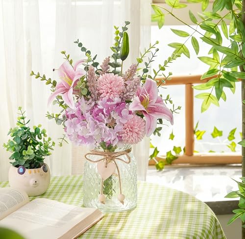 Artificial Silk Flowers with Vase, Fake Pink Lily, Hydrangea and Dandelion - color: Purple & Pink