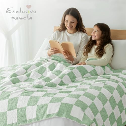 Exclusivo Mezcla Checkered Knit Blanket Twin Size for Bed, Sage Green - color: Sage Green, size: Twin (60"x80")