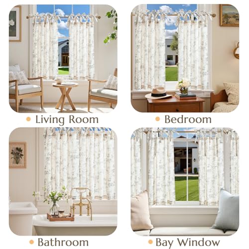 jinchan Grey Floral Kitchen Tier Curtains Alisa 36 Inches Tie Top 2 Panles - color: Alisa Grey on Linen, size: 26"W x 36"L (Pack of 2)
