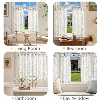 jinchan Grey Floral Kitchen Tier Curtains Alisa 36 Inches Tie Top 2 Panles - color: Alisa Grey on Linen, size: 26"W x 36"L (Pack of 2)