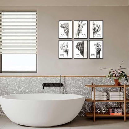 Funny Bathroom Wall Art Set of 6 Black and White Bathroom Posters Unframed - color: Animal Prints