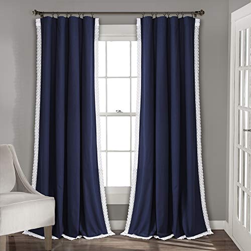 Lush Decor Rosalie Light Filtering Window Curtain Panel Set- Pair- Vintage Farmhouse & French Country Style Curtains - Timeless Dreamy Drape - Romantic Lace Trim - 54" W x 95" L, Navy - color: Navy, size: 54"W x 95"L (Pack of 2), style: Window Panel