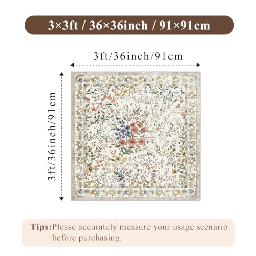 3x3 Square Entry Rug Foyer Entryway: Non-Slip Floral Washable Rugs for Indoor Floor Living Room Kitchen Bedroom - Soft Thin Doormat Carpet Boho Vintage Home Decor (3ft Square, Beige) - color: Beige, size: 3x3
