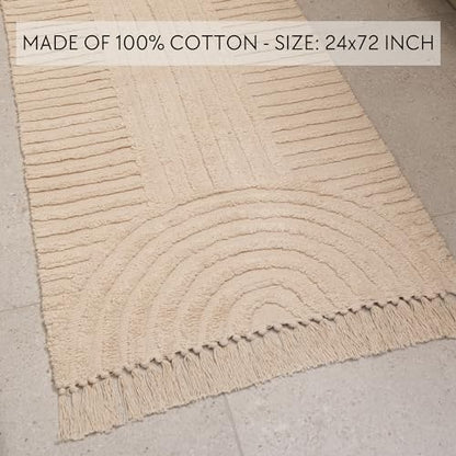 Beautiful 2x6 ft Boho Runner Rug with Tassels - Soft Cotton for Hallway - color: Cream, size: 2' x 6' (Rectangular)
