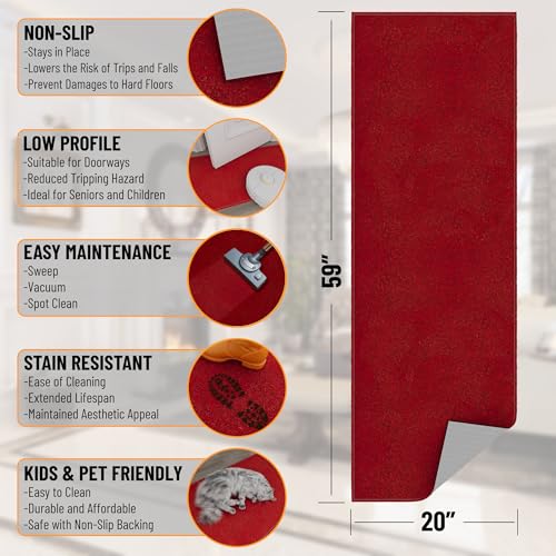 Ottomanson Door Mat Indoor Entryway Runner Rug – Non-Slip Durable Low-Pile Runner with Stain-Resistant Surface, 20" x 59", Red - color: Red