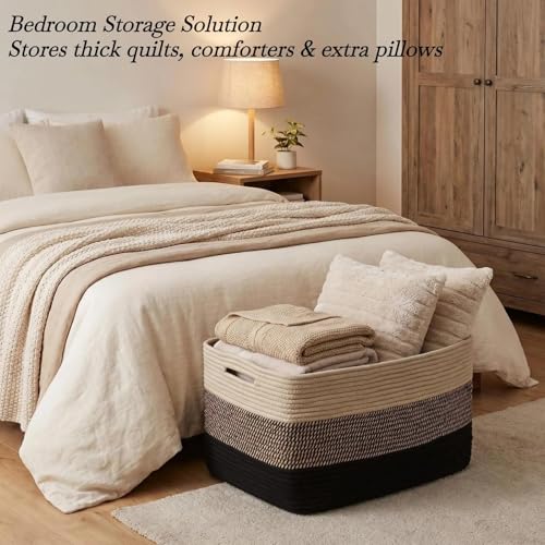Optish 95L Large Woven Blanket Basket, Storage Basket with Handles - color: Black & Brown, size: 24" x 17" x 13.5"(95L)