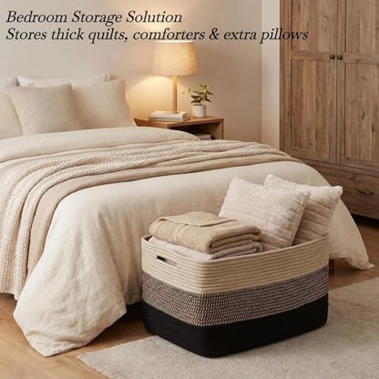 Optish 95L Large Woven Blanket Basket, Storage Basket with Handles - color: Black & Brown, size: 24" x 17" x 13.5"(95L)